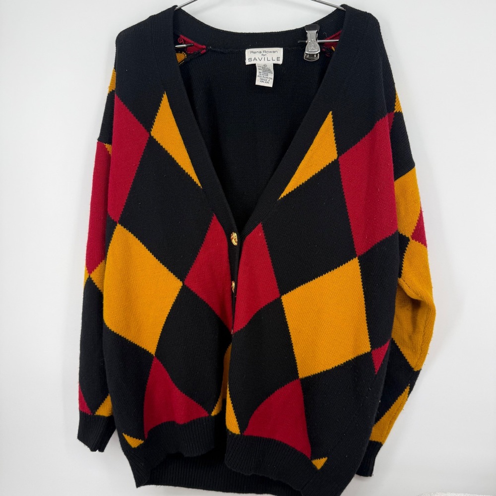 Vtg‎ Rena Rowan for Saville Black Argyle Pattern Gold Button Cardigan Size S